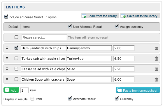 List builder with currency assigned