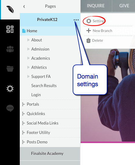 domain settings menu