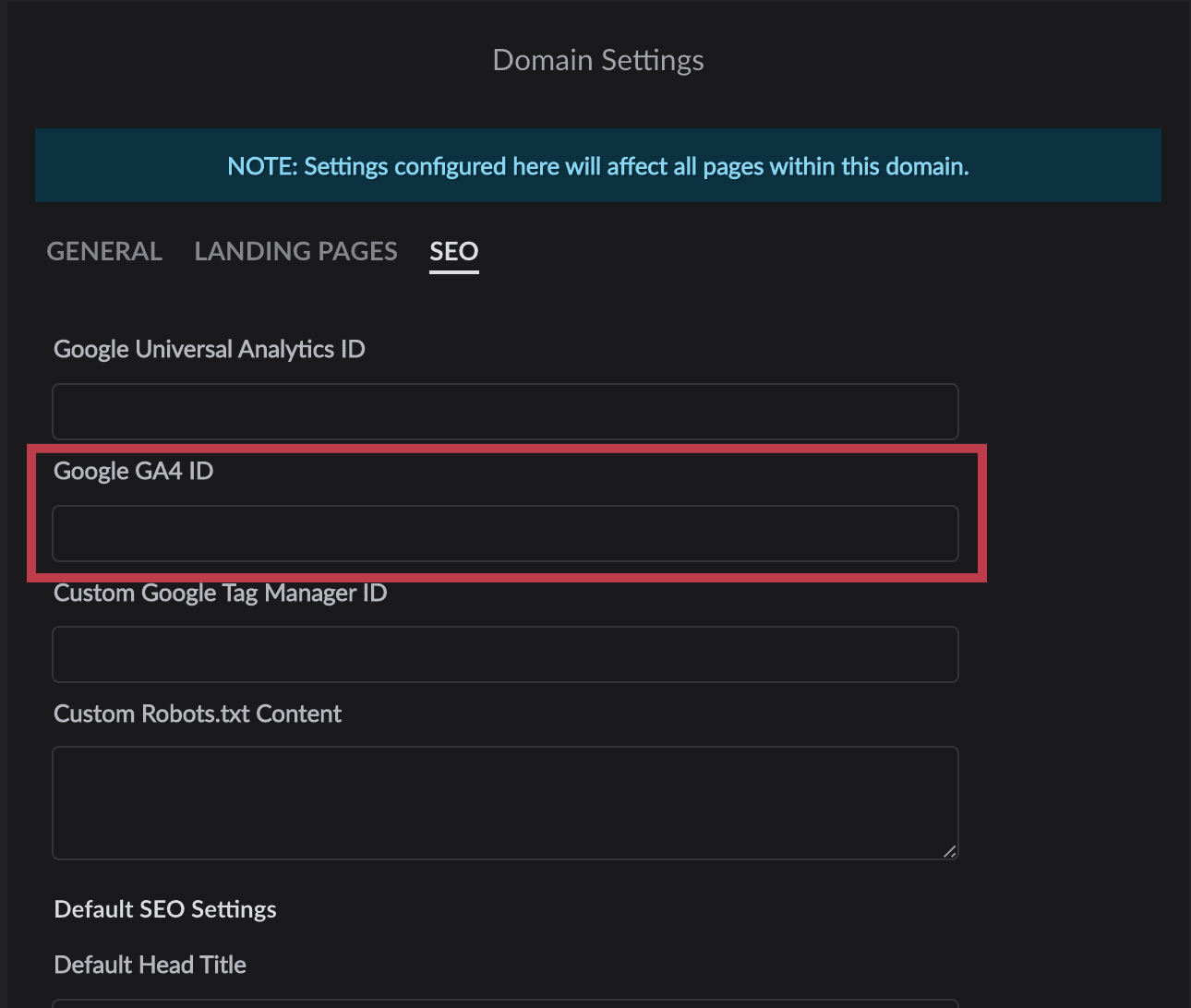 Domain Settings SEO tab with GA4 field (second field) highlighted