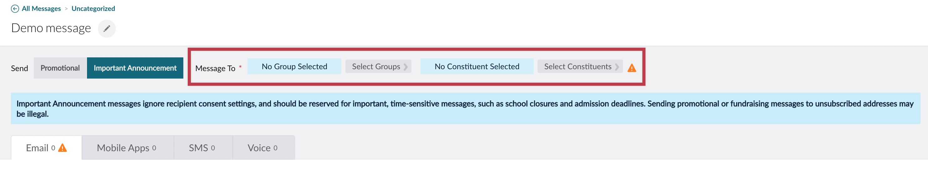 Close-up of Message Details screen showing Important Announcement toggle with group and constituent select buttons highlighted