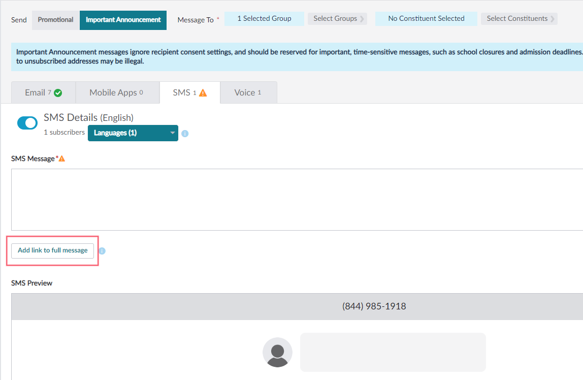 Message details screen opneed to the SMS tab with the option add link to full message highlighted