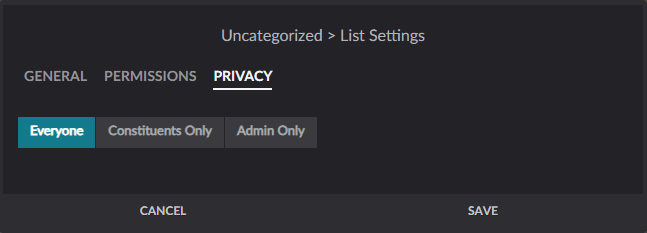 List settings opened to the Privacy tab displaying the three options available