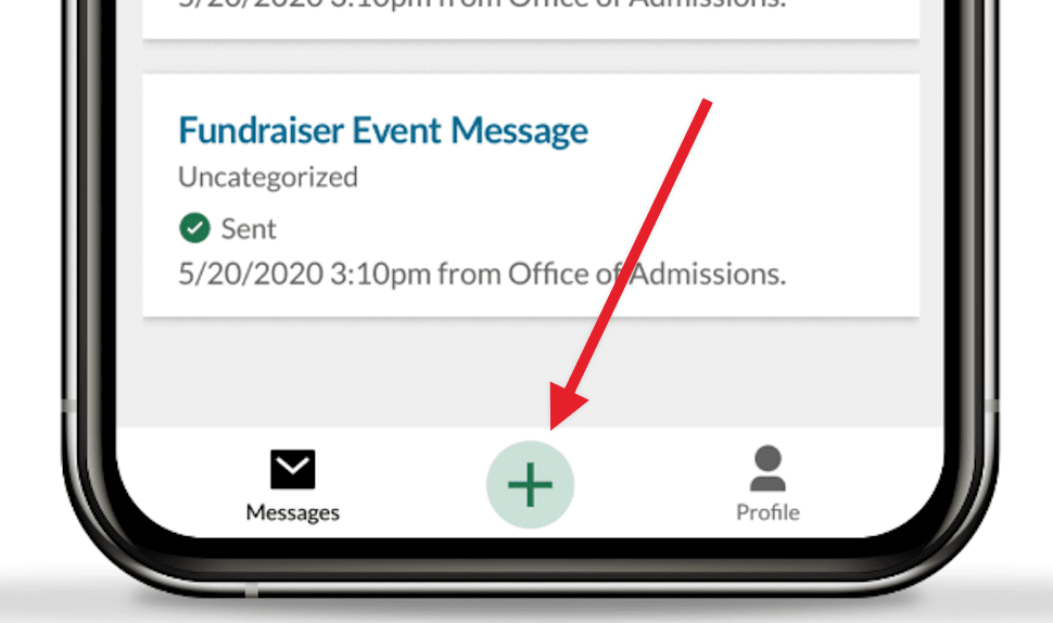 Arrow pointing to the plus sign in bottom toolbar to create new message