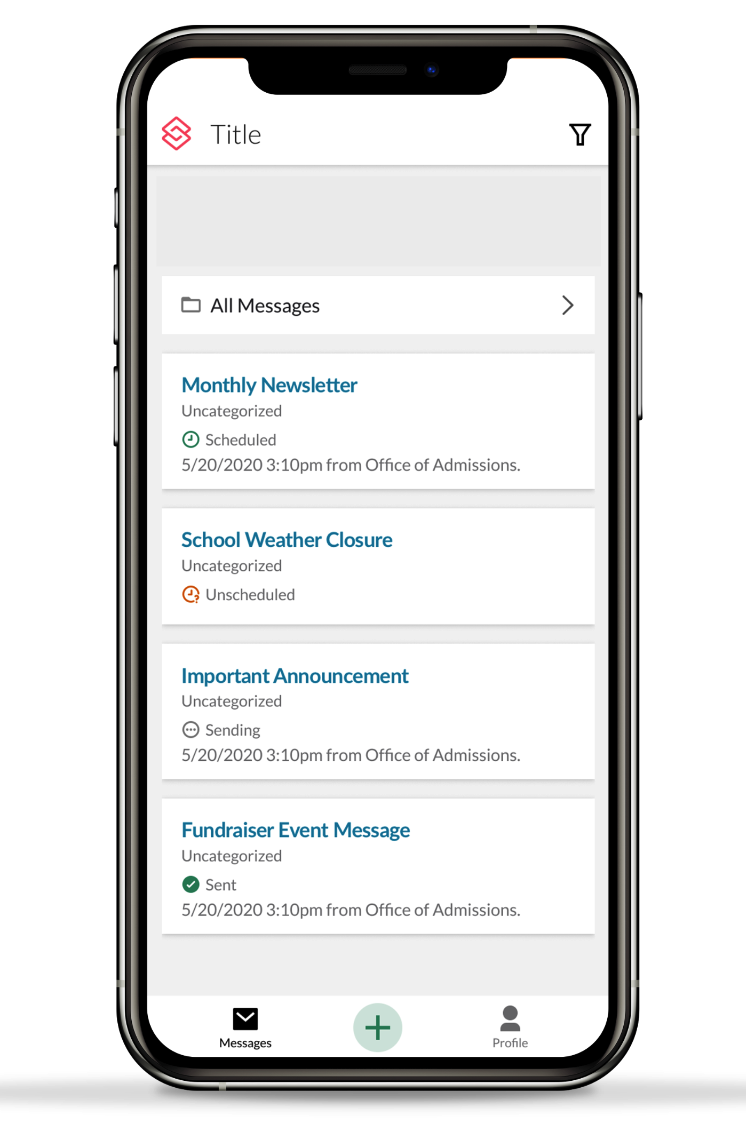 Messages home view with folders and messages