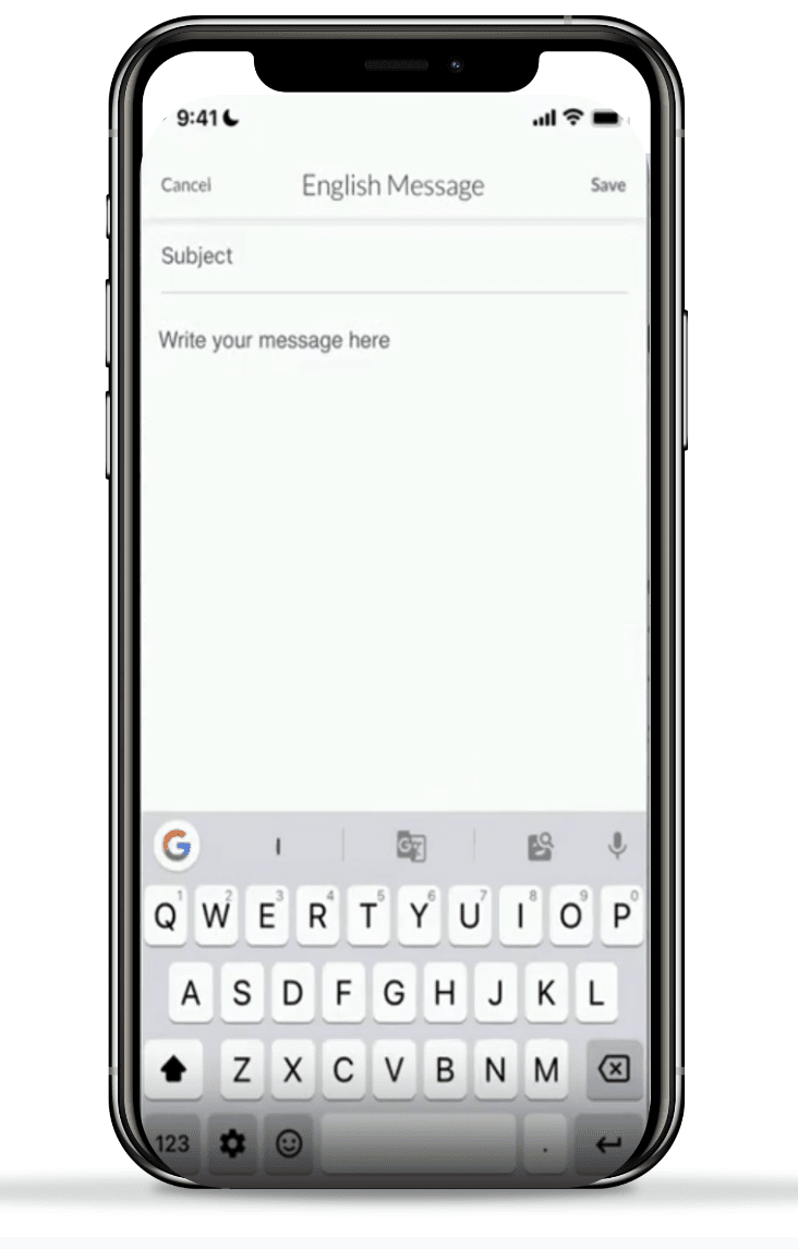 Write message screen with editor and keyboard at the bottom