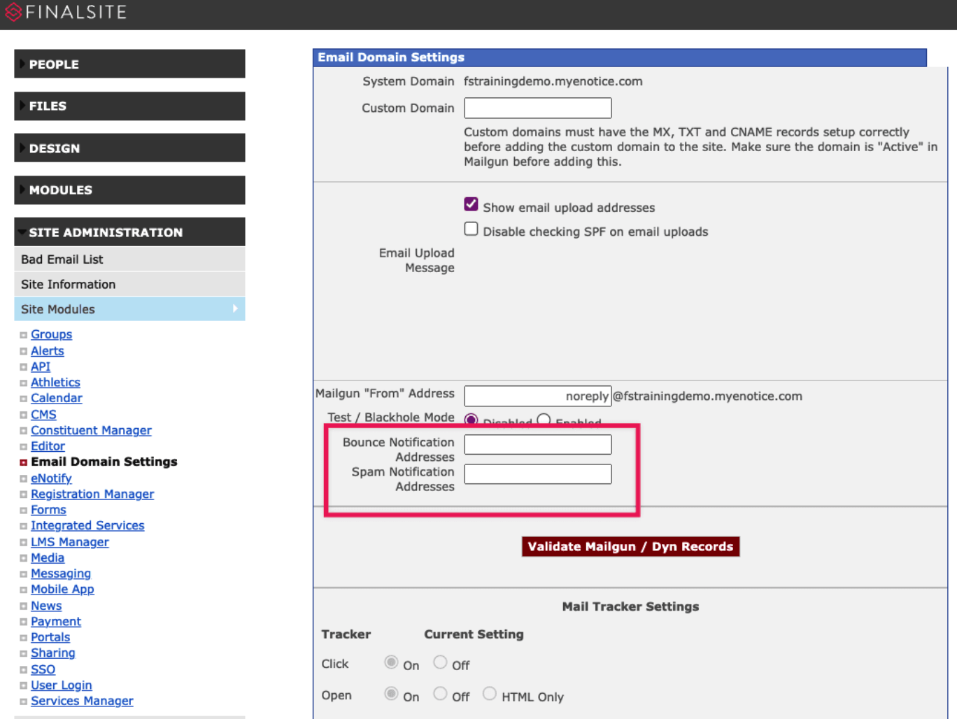 Email domain settings > email notifications setup screen to set up unsubscribe and bounce notifications