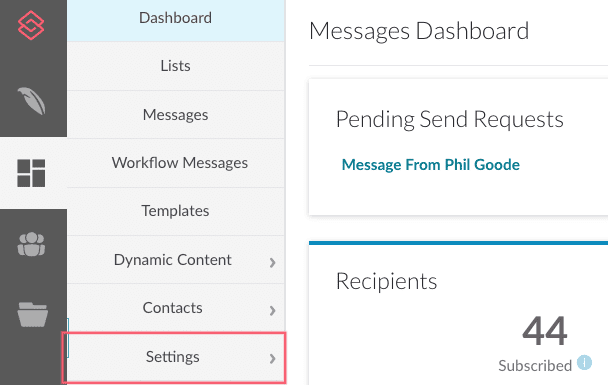Messages Menu with Settings Highlighted