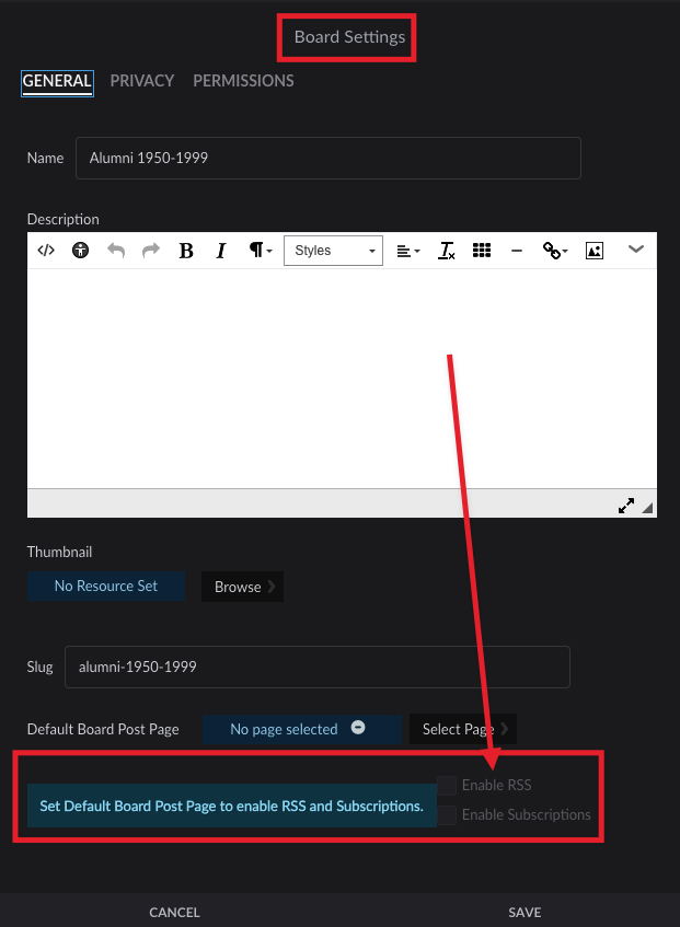 arrow showing how to find RSS and subscription boxes to check on in settings