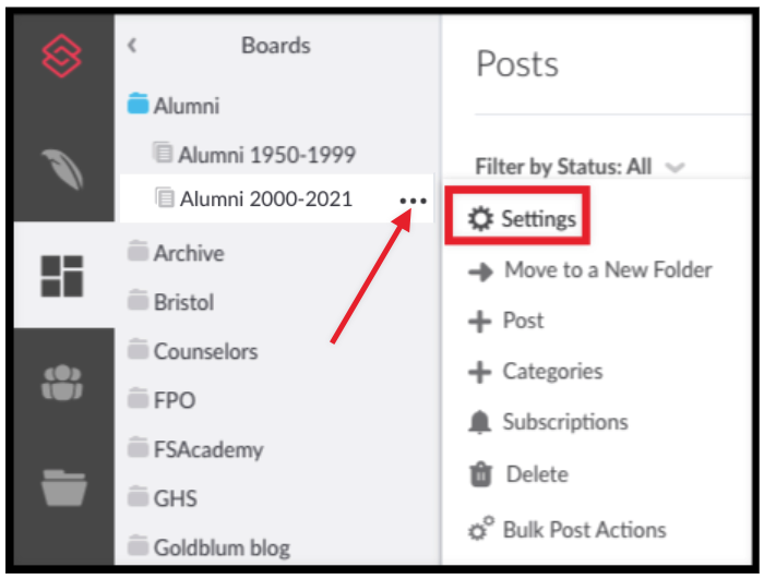 arrow pointing to 3-dot more actions menu then board settings menu