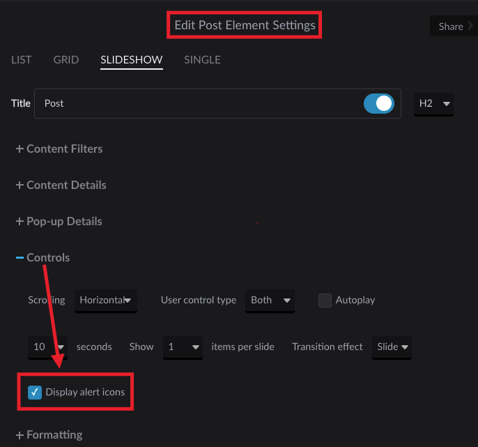 element settings showing how to check the box that shows display alert icons