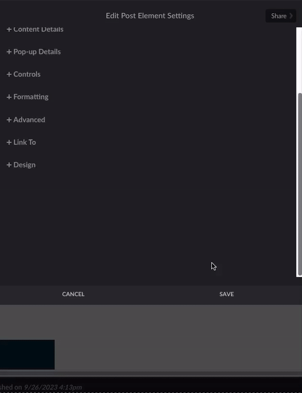 gif of post element settings opened up to formatting settings for thumbnails