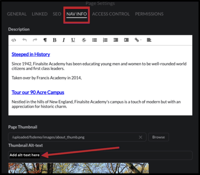 add alt text in page settings > nav info.png