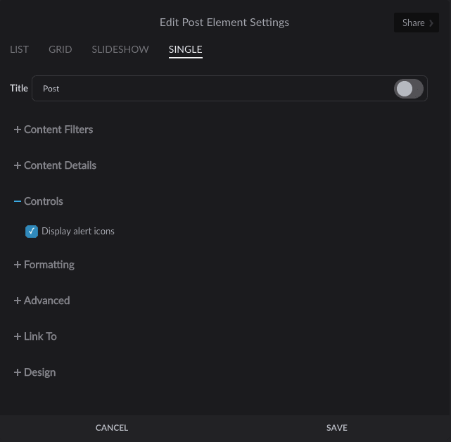 Display alert icons checkbox in Post element settings