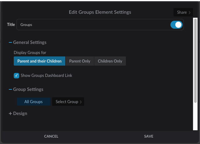 Groups element settings