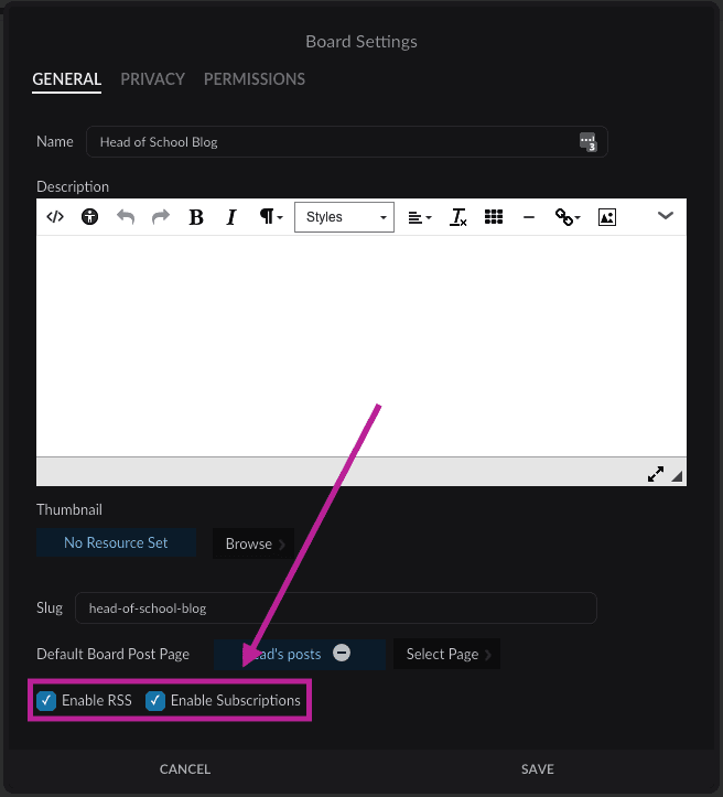 Location of Enable RSS and Enable Subscriptions checkboxes