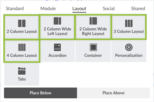 Column elements on the Layout tab of Element Library