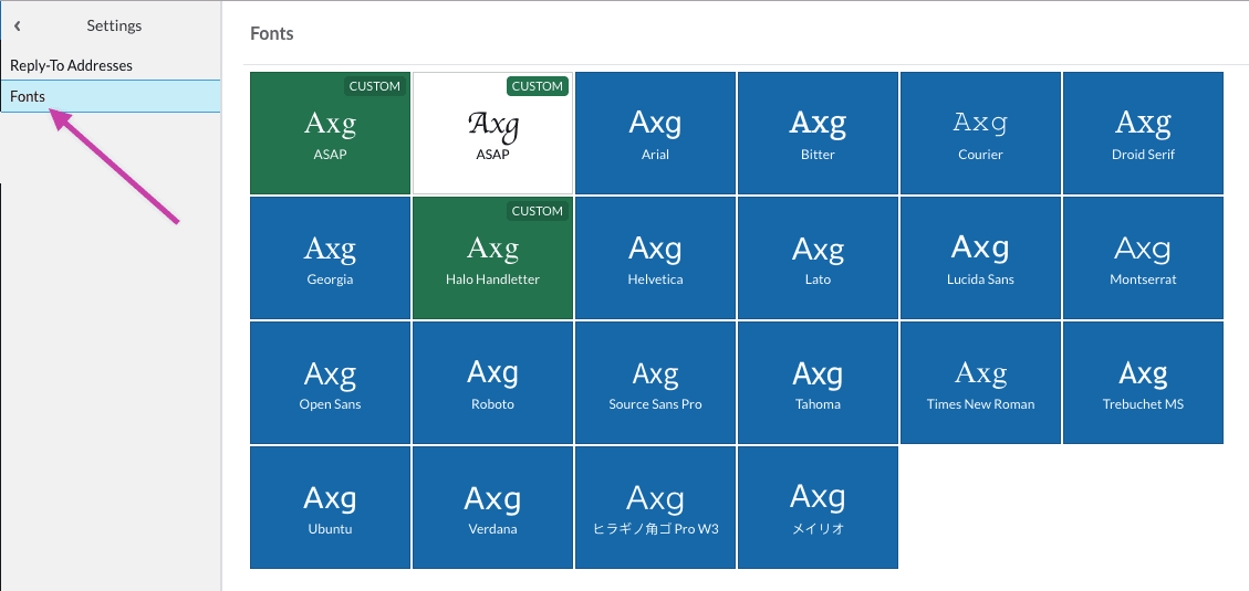 Fonts menu in Settings