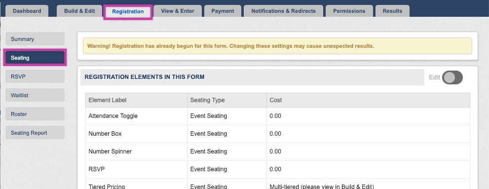 Registration tab Seating button highlighted