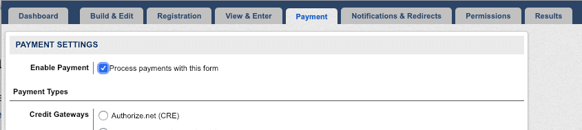 Enable payments checkbox