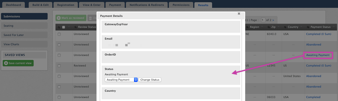 Click on status to edit results