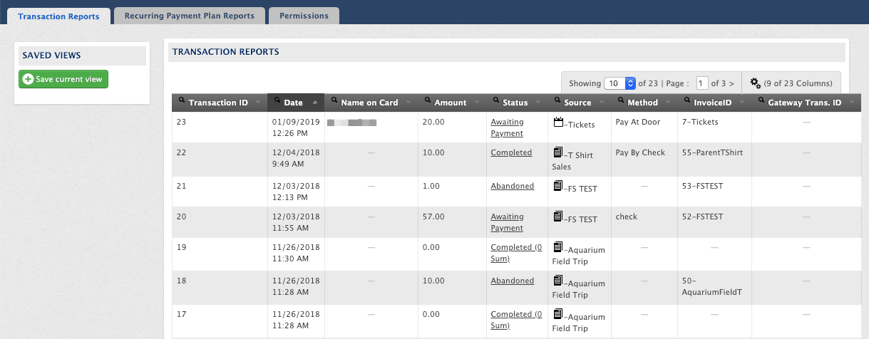 Payments Manager Transaction Reports view