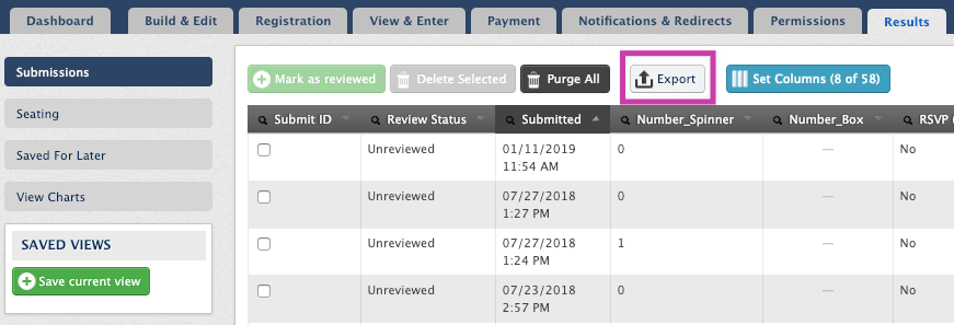 Export results button