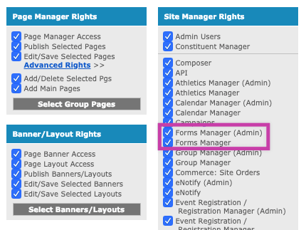 Admin Users Forms Manager rights