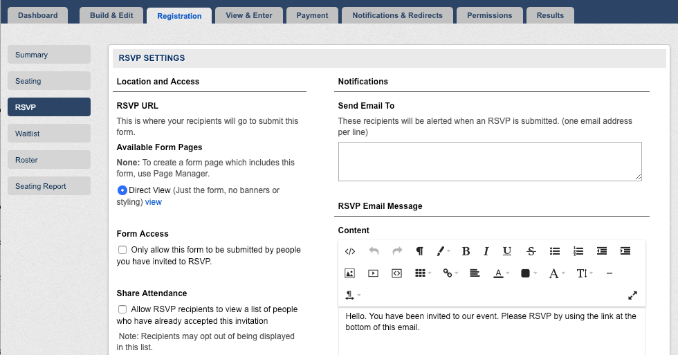 Registrations RSVP screen