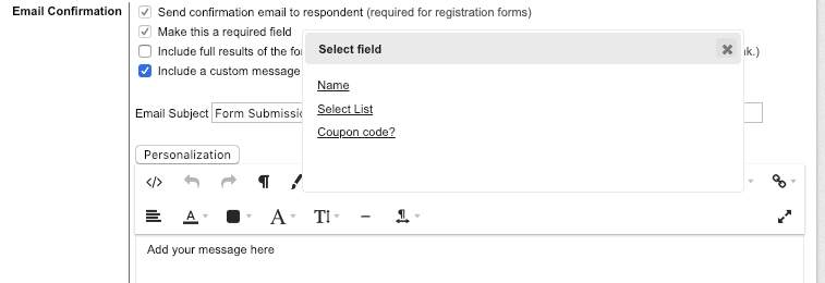 Personalization field options