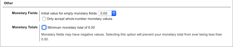 Monetary totals checkbox