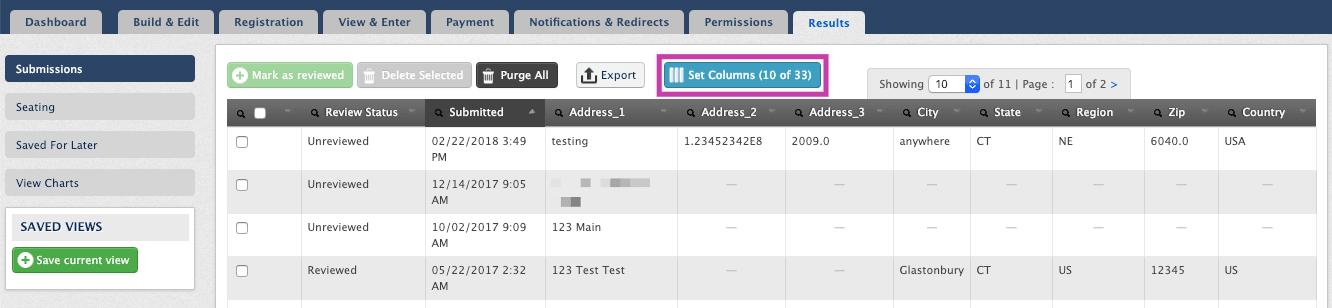 Set results columns button