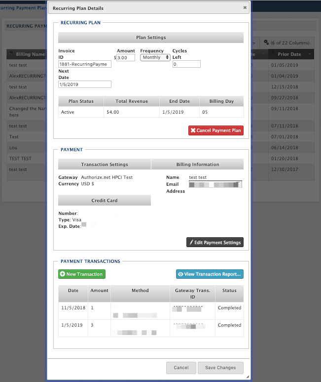 Recurring Payment Plan Details view