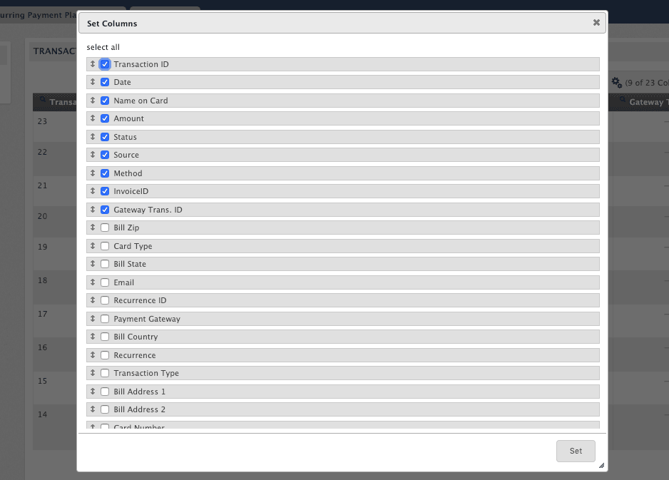 Set transaction report columns