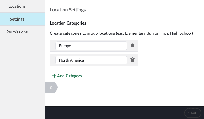 Location settings category setup