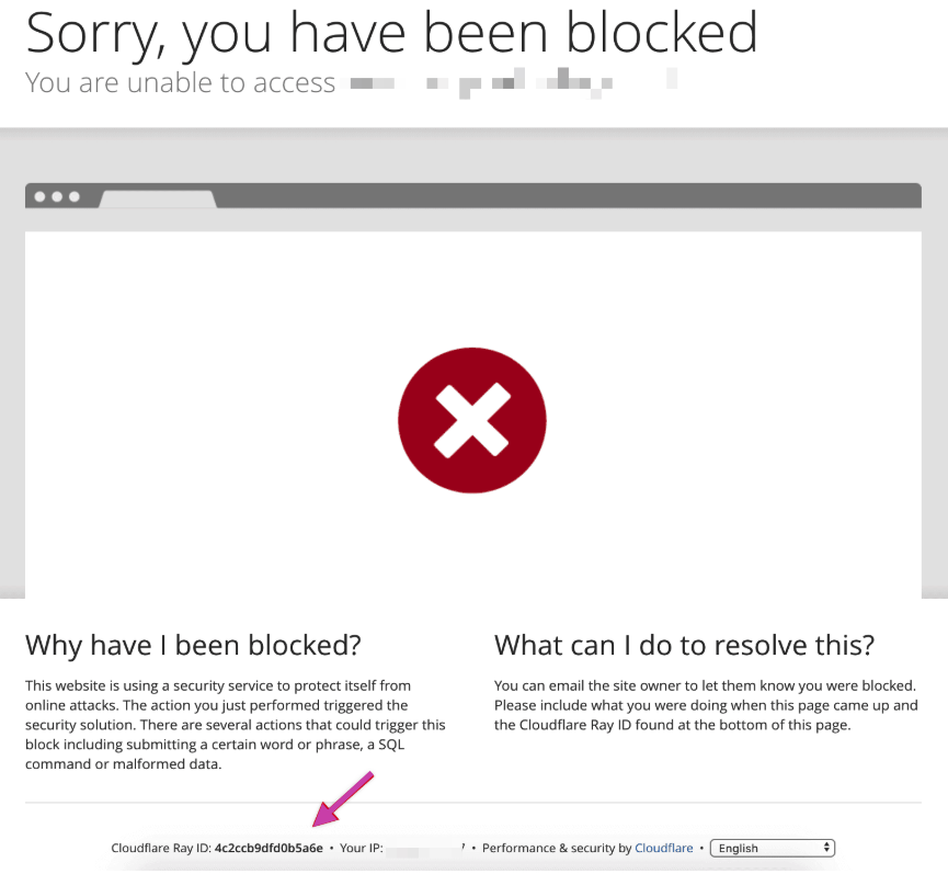Sorry, you have been blocked error page with Cloudflare Ray ID pointed out