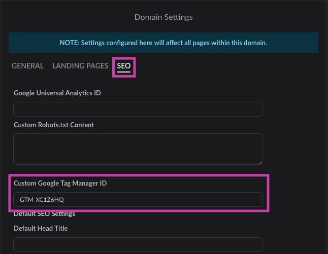 Google Tag Manager code in SEO tab of Domain Settings