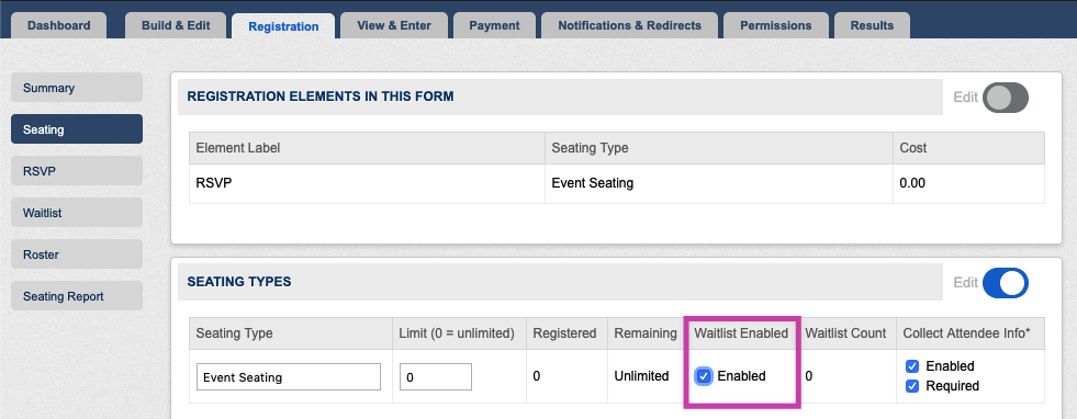 Waitlist enabled checkbox on Registration tab of form