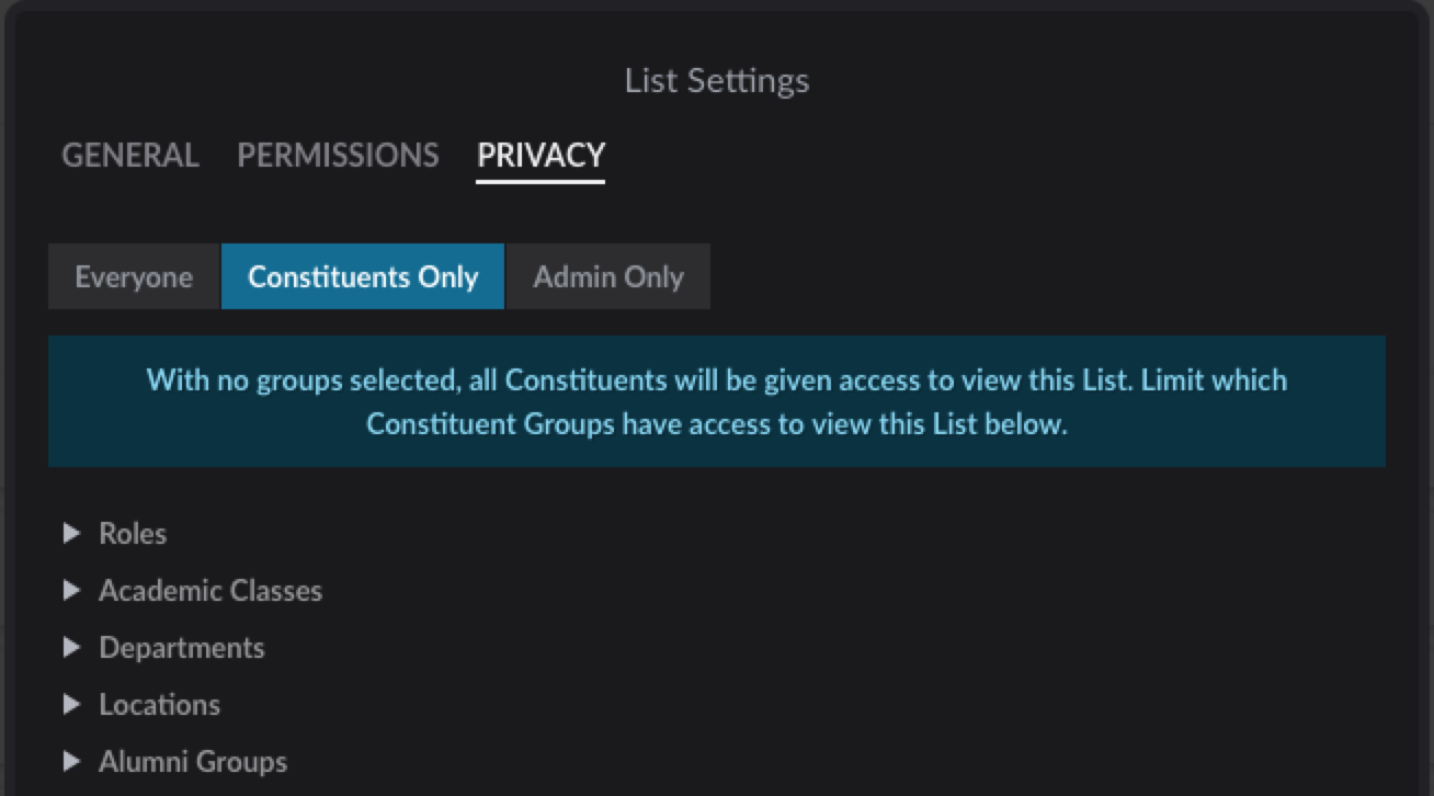 List Privacy settings screen set to Constituents Only