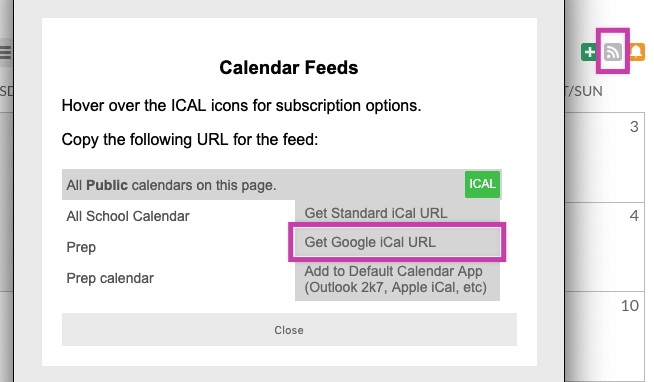 Google iCal link on Feeds menu option