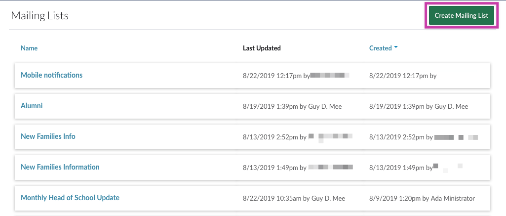 Create Mailing List button on Lists screen