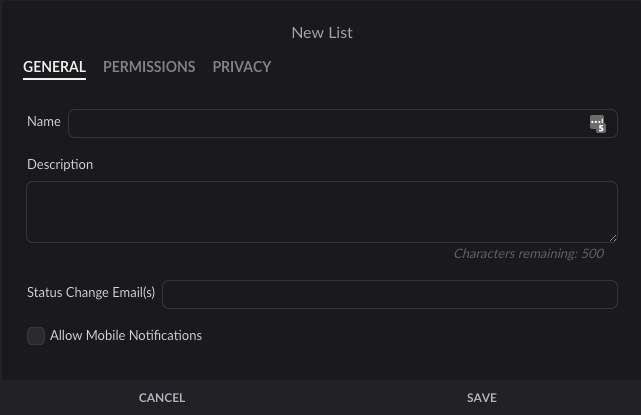 New list settings screen