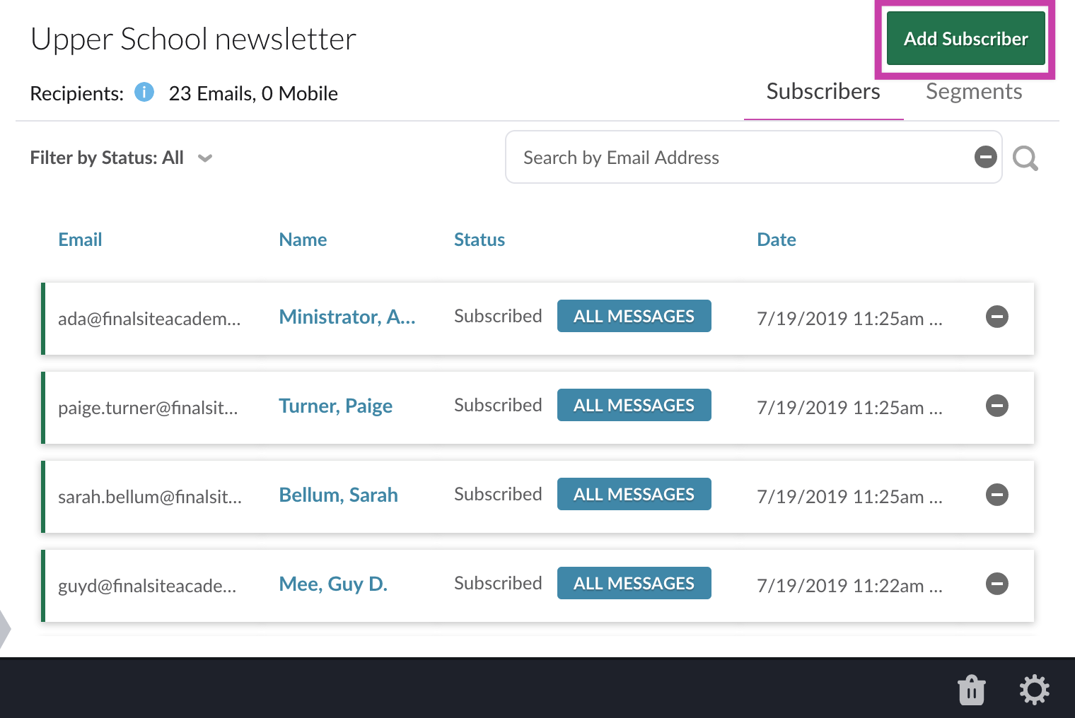 Add subscriber button on mailing list screen