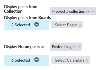 Display posts from Collection, Display posts from Boards, Select Board, and Display Home posts as controls from Mobile Apps