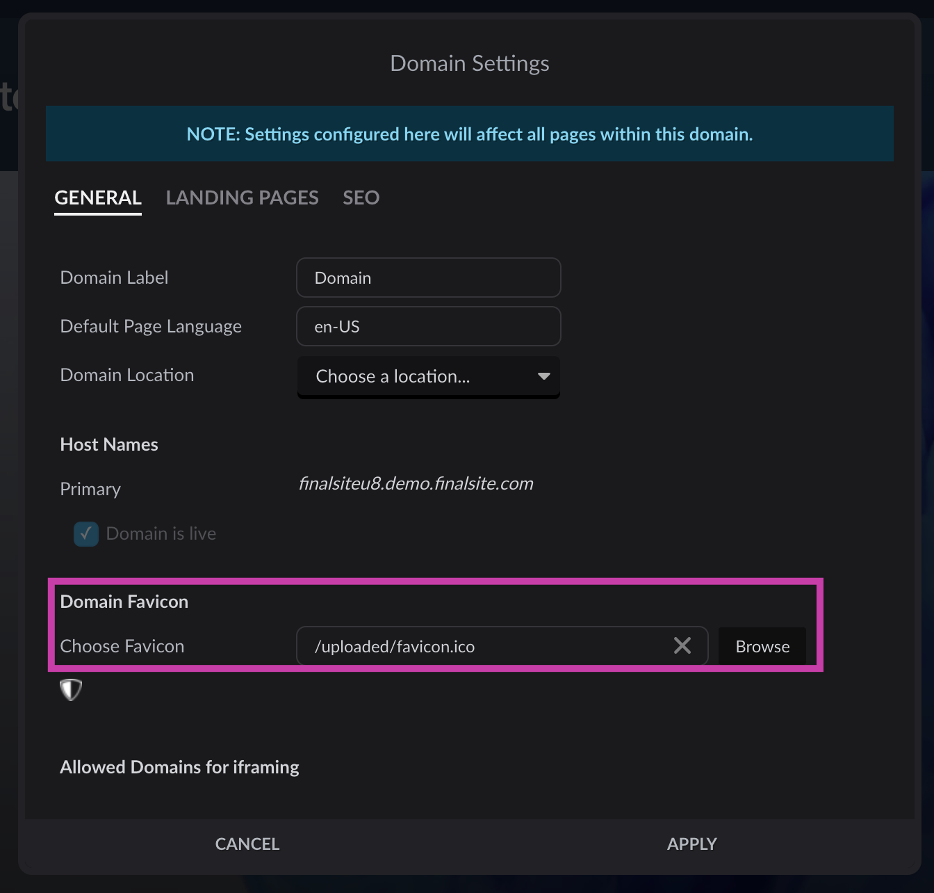 General Domain Settings with Domain Favicon highlighted
