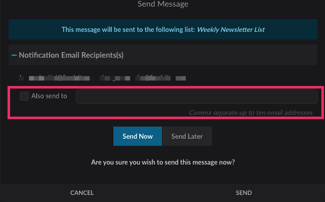 Schedule Send Message screen with field for adding individual emails.
