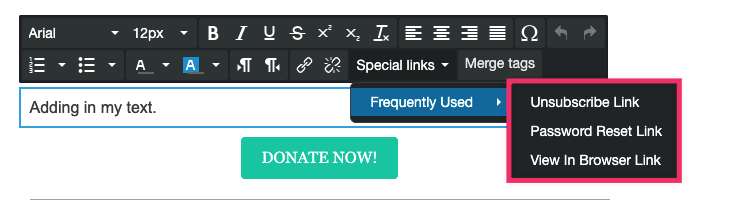 Special Links Dropdown in the Messages text editor.