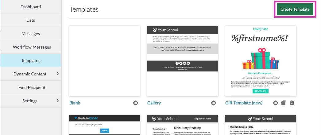 Create new template button highlighted on the template grid screen