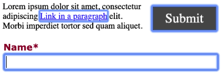 Examples of focus indicator appearance on text link, button, and form field in Chrome