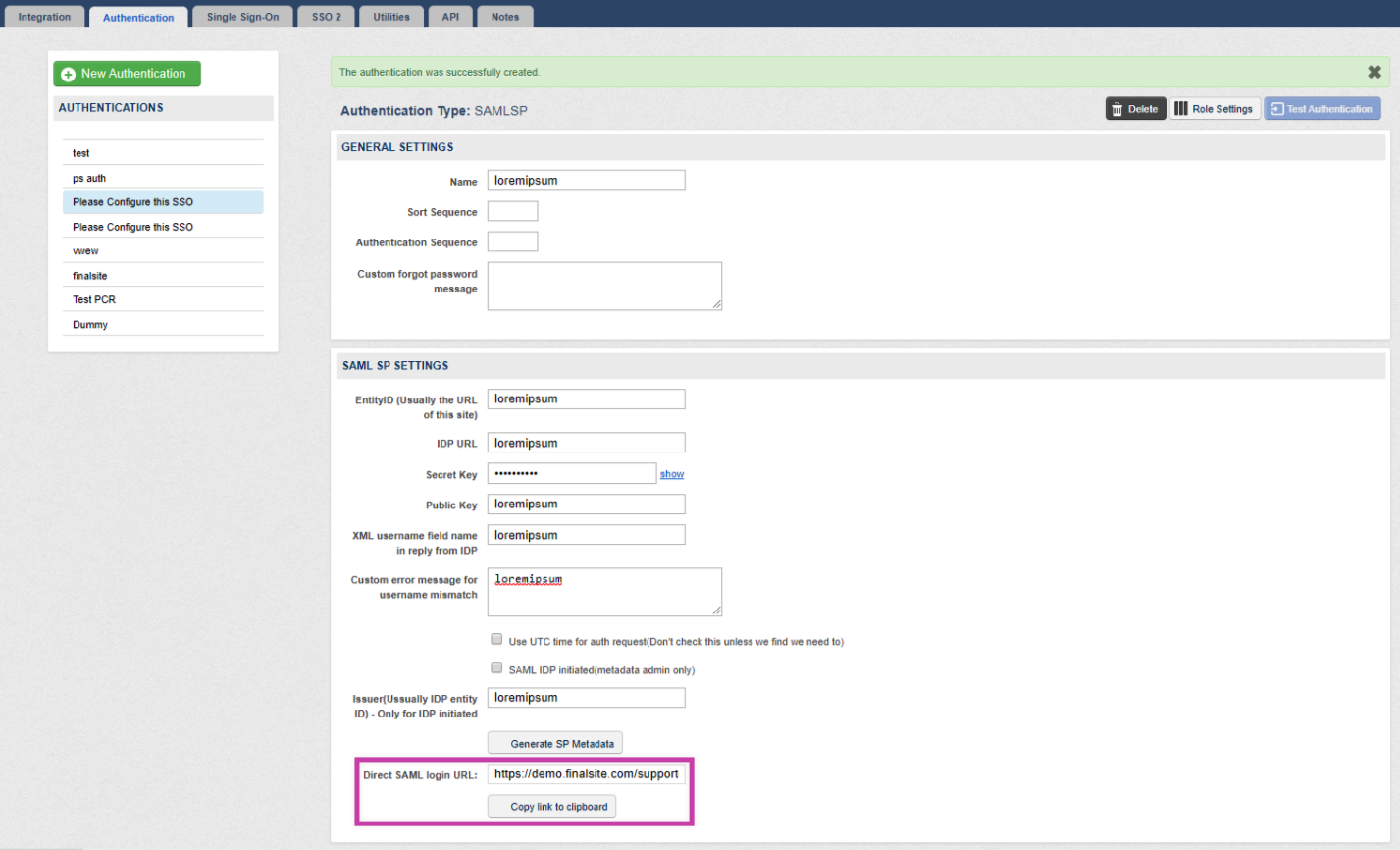 Location of Direct SAML login URL highlighted on Authentication configuration details screen