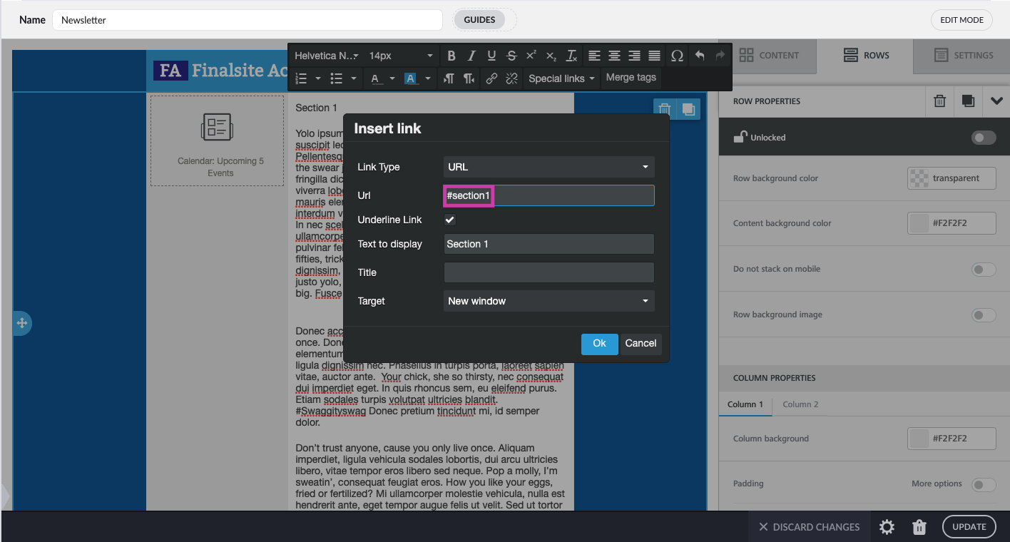 Name section1 added to URL field with hashtag in front